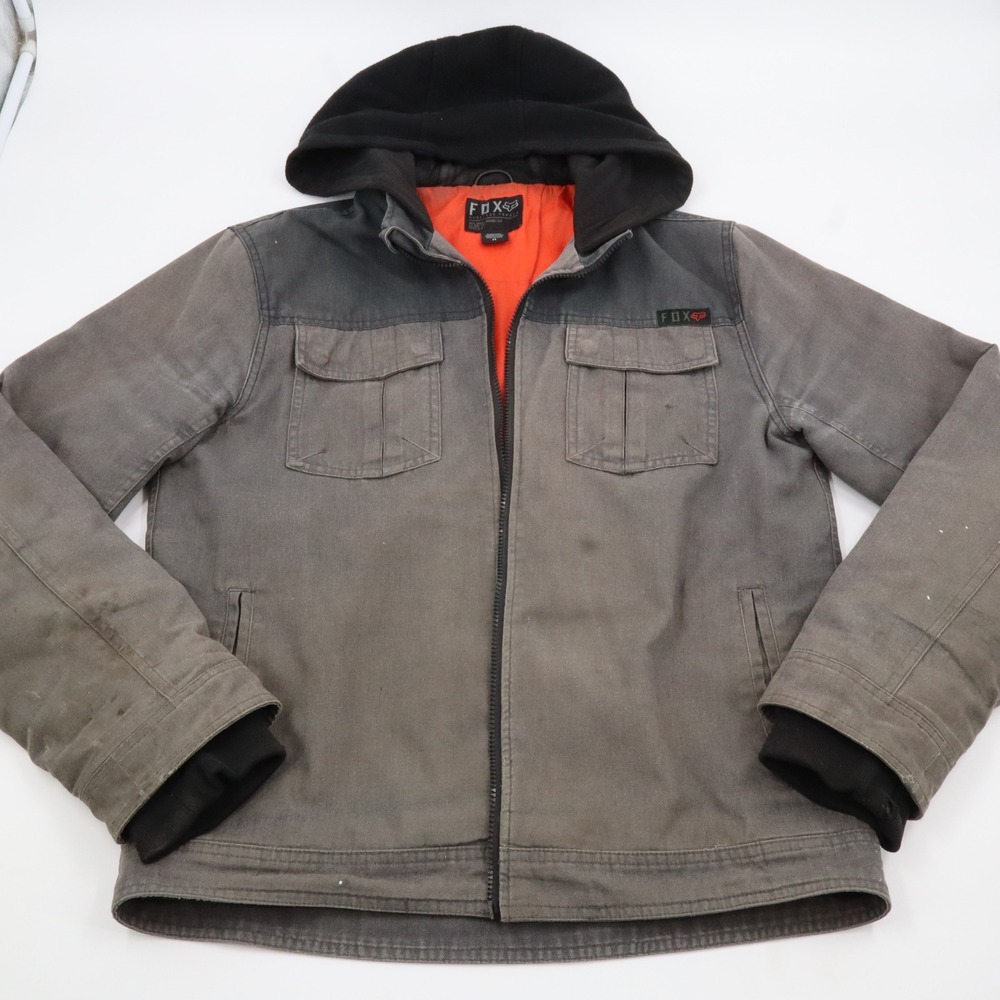 Fox Racing Heritage Forged Jacket Mens M Grey Hooded Canvas Workwear Quilted